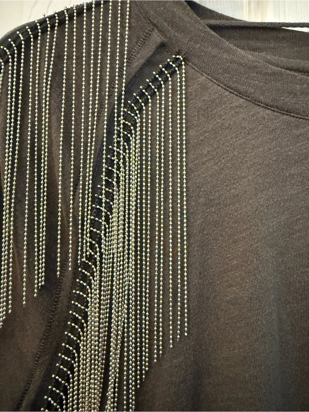 Free People “Vintage Grey” Short Sleeve Top with Chain Fringe Detail NWT size M